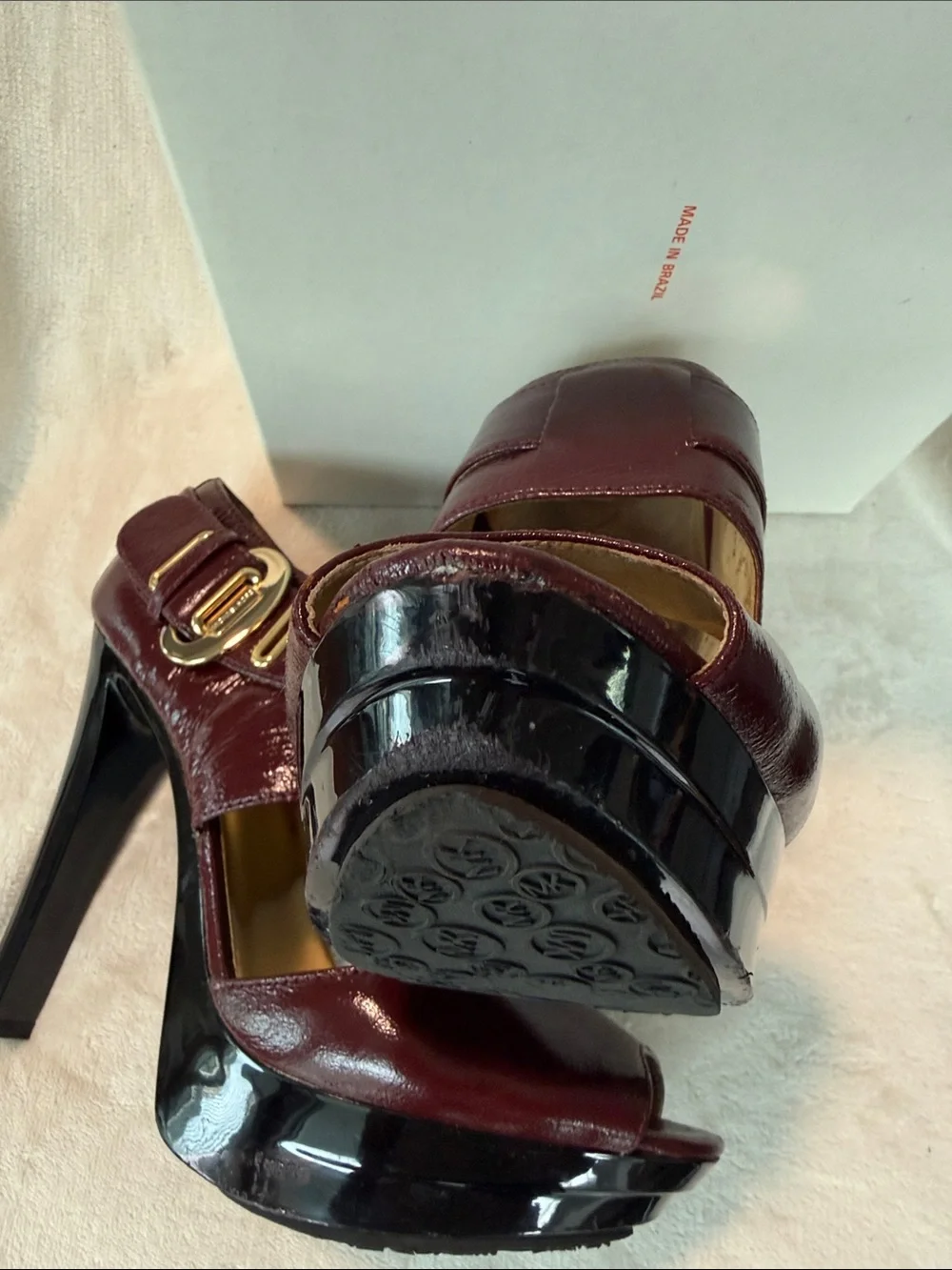 Michael Kors Darby Maroon PatentLeather Platform Stiletto Heels with Gold Buckle
